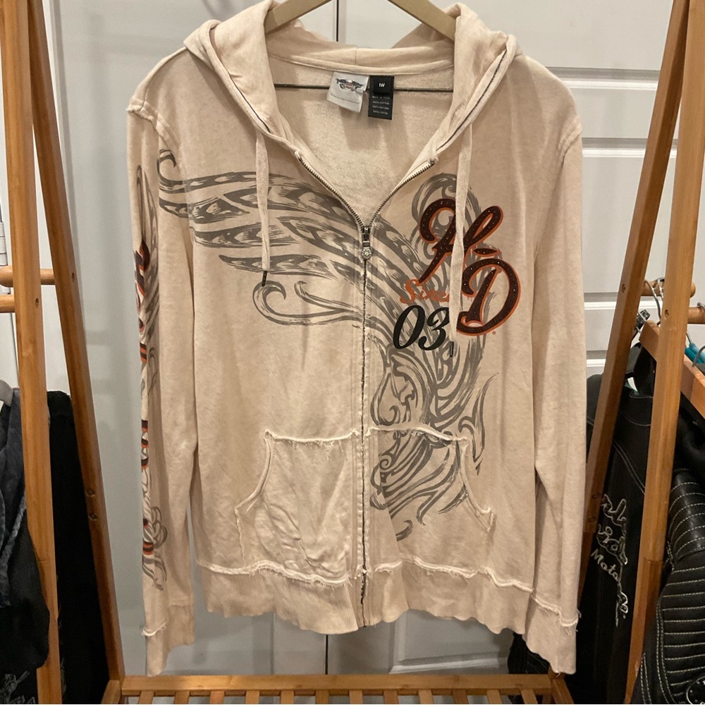 Harley Davidson cream distressed full zip graphic hoodie. Size 1W